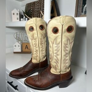 Tony Lama Men’s 11D Cowboy Boots Brown Leather & Cream Top Western Made USA